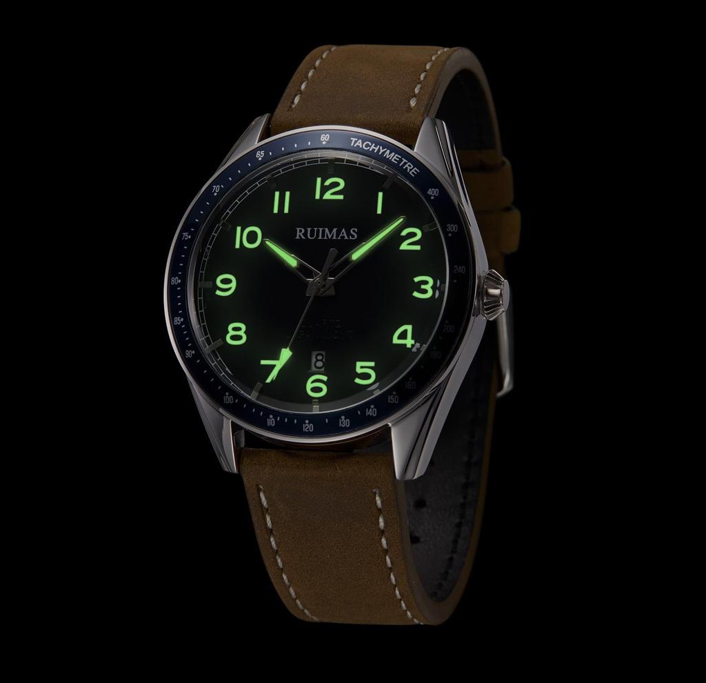 RUIMAS Часы Модные Кварцевые Часы Хаки Кожаный Ремешок Мужские Серебристые Черные Водонепроницаемые Часы Мужские