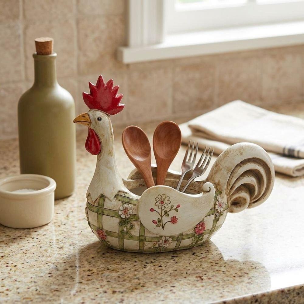 Gingham Daisy Print Kitchen Rooster Storage Basket Resin Rooster Utensil Holder Home Dining Table