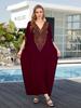 Plus Size Red Gold Embroidered Kaftan Summer Long Beach Dress Women Homewear Outfit Swim Suit Cover Up Loose Caftan