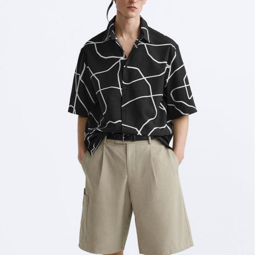 Zara Свободный крой с принтом, удобная простая рубашка с коротким рукавом, мужские рубашки, многоцветные 7380571-021