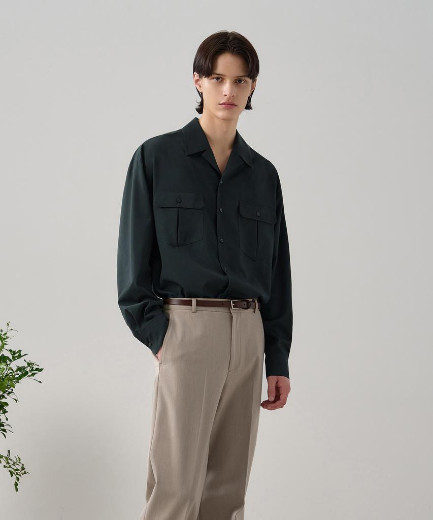 DRAW FIT Look-To-Pocket Open Collar Shirt [Navy]