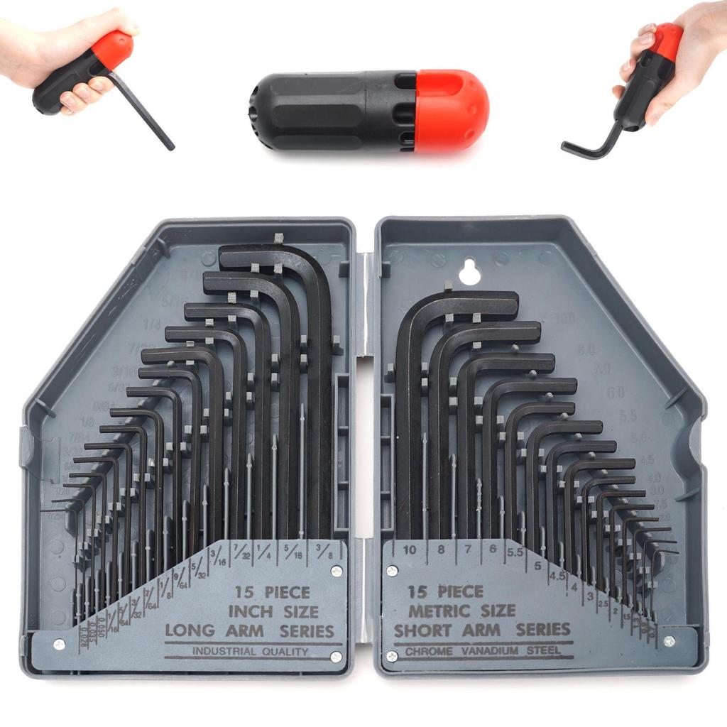 30-Piece Extra Long Blackened Metric & Imperial Hex Key Wrench Set with Extension Bar