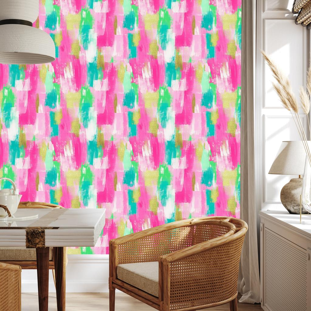 Brushstrokes wallpaper powder pink, purple and mint 50x1000