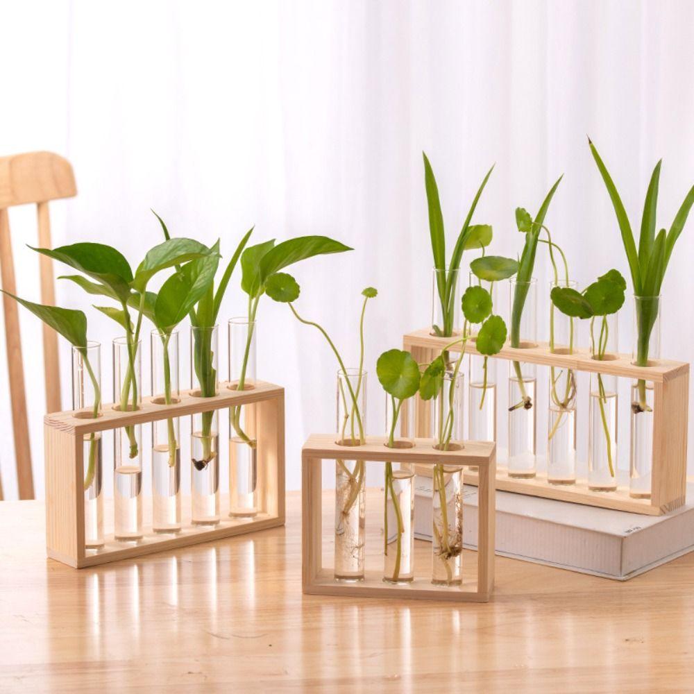 Wood Frame Test Tube Vases Transparent Glass Glass Planter Hydroponic Plants Container  Home Decor