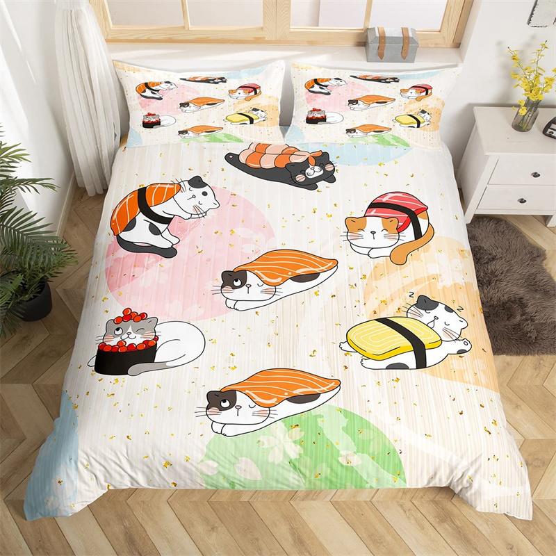 Cartoon Sushi Food Duvet Cover Twin For Kids Teen Microfiber Japanese Cuisine Bedding Set Kawaii Cat Cherry Blossoms Quilt Cover