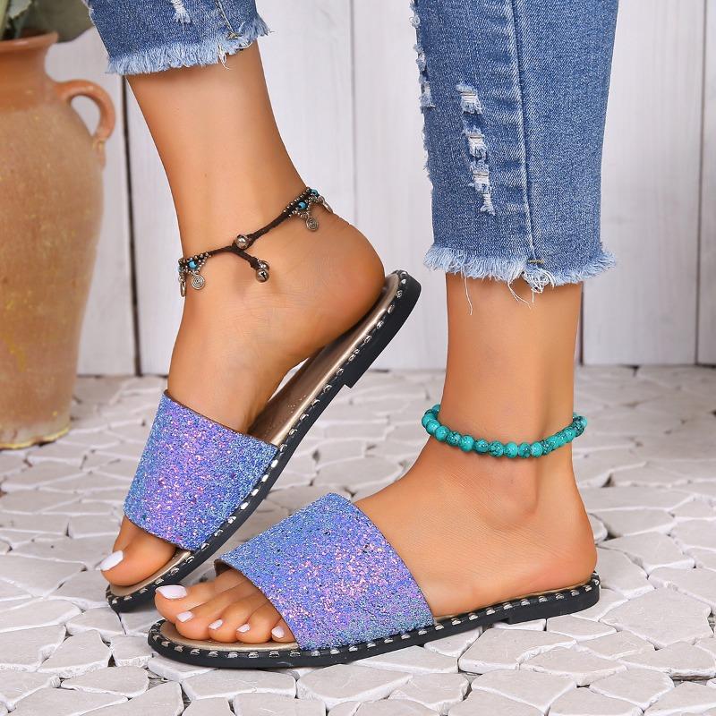 Женские шлепанцы с кристаллами, женские блестящие туфли на плоской подошве, женская модная уличная пляжная обувь, женская обувь, женские летние шлепанцы, большие размеры 36-43