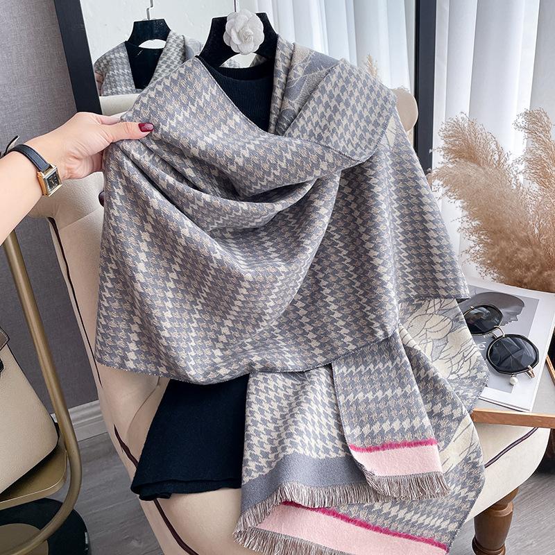 Imitation Cashmere Camellia Thousand Bird Grid Double-Sided Thermal Air Conditioner Shawl Winter Versatile Decorative Scarf