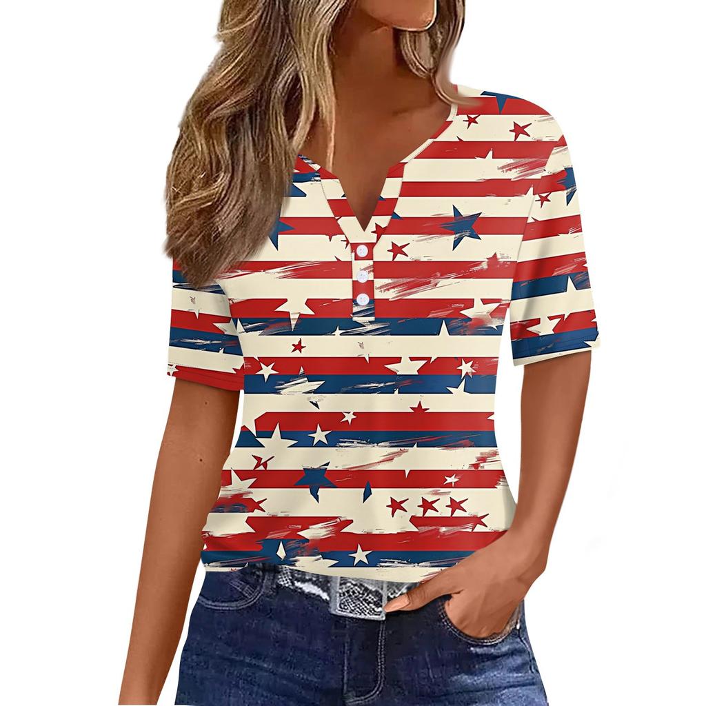 Women's T Shirt Independence Day Print Button Short Sleeve Daily Weekend Fashion Basic V- Neck Regular Top