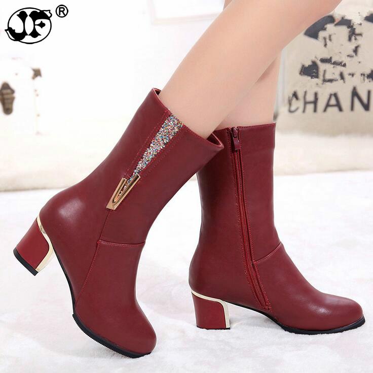 Warm Women Boots PU Leathe High Heels Autumn Shoes Woman Mid-Calf Boots Female Fashion Boots Zipper Casual Boots Mujer