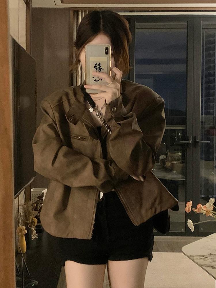 Американская ретро коричневая кожаная куртка мотоцикла женская модная дизайнерская короткая куртка с наплечниками в стиле гранж, тонкое пальто в уличном стиле