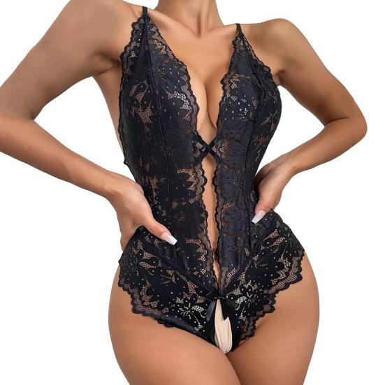 Sexy Women Bodysuit See-through Hollow Out Lace Bow Open Crotch Sleeveless Sknny Low-cut Cross Back Adjustable Spaghetti Strap Honeymoon Wedding