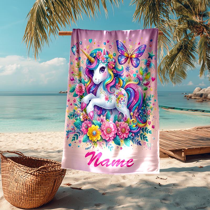 Custom Name Ultra-Soft Beach Towel with Unicorn Theme,Ideal for Pool - Camping, Diving - Perfect Travel Essential, Vibrant Beach Towel.