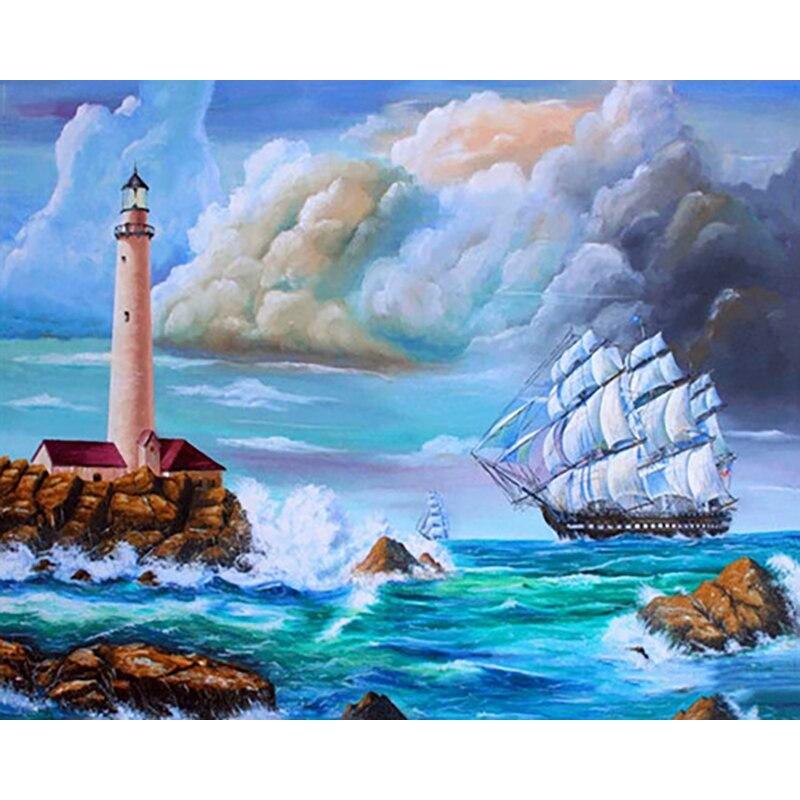 New 5D DIY Diamond Painting Sea View Diamond Embroidery Sailboat Cross Stitch Full Round Drill Home Decor Manual Art Gift