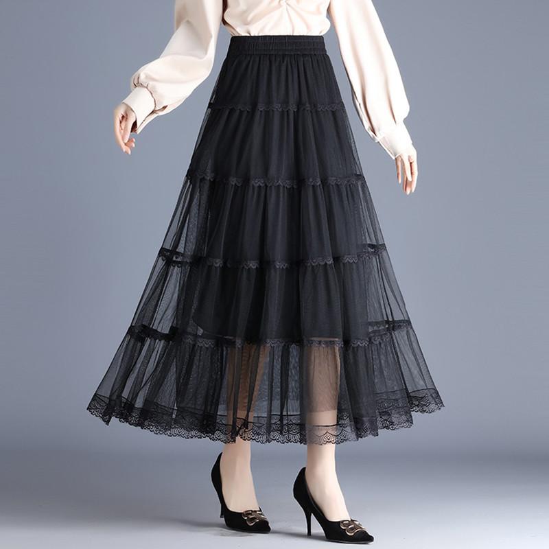 Qooth Женская повседневная однотонная юбка из кружева и тюля, элегантная юбка А-силуэта из сетки-кейка на резинке для весны-лета QT2427