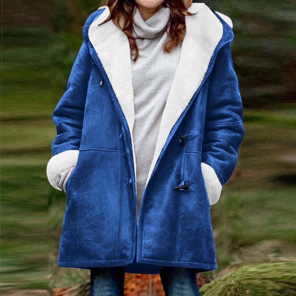 Women's Winter Coat Fleece Lined Jacket Long Sleeve Horn Button Plush Warm Coat