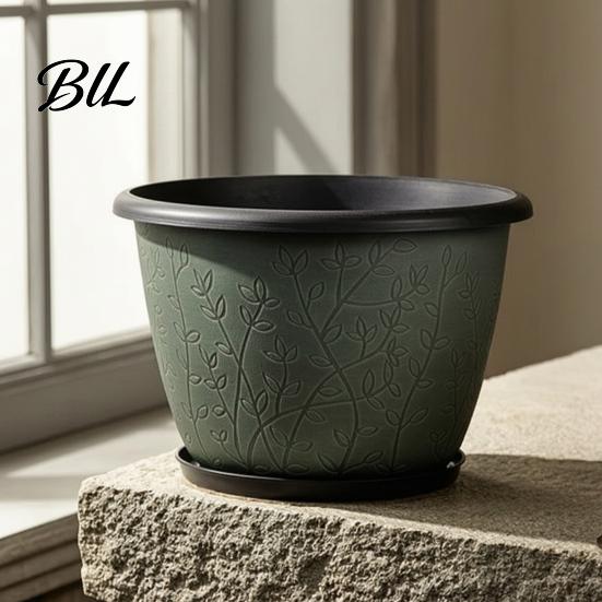 Stable Heavy Duty Plant Pots 12 Inch Thickened Flower for Outdoor Indoor, Plastic Leaf-Pattern Texture Large Basin with Saucer Planter Drainage Hole &