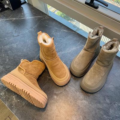 Кожаные шерстяные зимние сапоги женские 2025 зима новые на толстой подошве с увеличением роста женские сапоги термовелюровые сапоги повседневные хлопковые сапоги