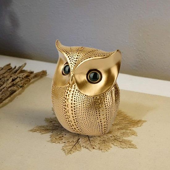 Modern Classy Lucky Owl Resin Art Figure Showpiece (Golden), 1 Piece
