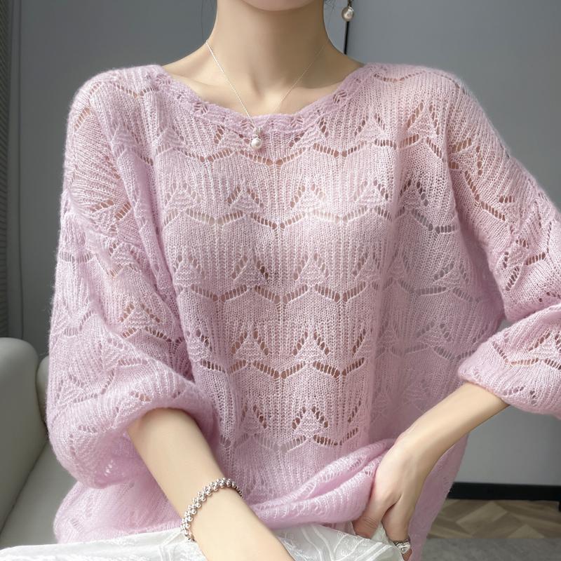 Женский кашемировый свитер крючком с круглым вырезом - Свободный, с коротким рукавом, ажурный дизайн.