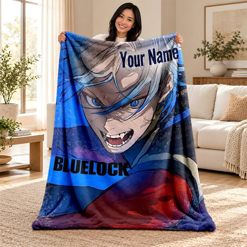 Blue Lock Custom Name Fleece Blanket Personalized Soft Cozy Throw Blanket Customized Gift for Birthday Christmas
