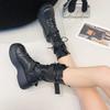 Fashion Black Lace-up Platform Leather Half High Boots for Women Spring Autumn Goth Luxury Trend 2025 New Fashion Mid Calf Shoes Woman
