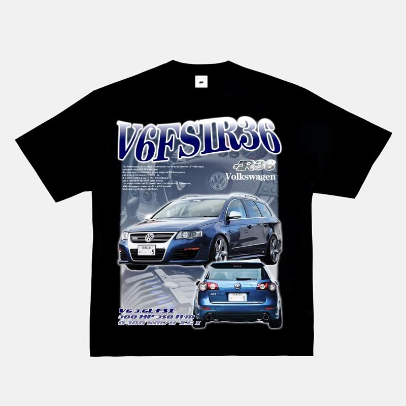 2024 RWB Car Black and White Short Sleeve JDM Car Culture T-shirt Hip Hop American Small Neckline Hiphop Top Vintage