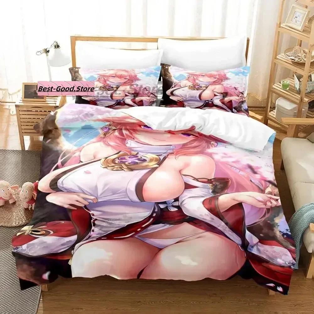 Genshin Impact Yae Miko Комплект постельного белья Single Twin Full Queen King Size Комплект постельного белья Aldult Kid Bedroom Duvetcover Sets 3D Print Game