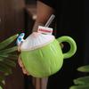 Кружка для кофе Керамическая Форма Кокоса Кружка для кофе с ручкой Крышка Мини-зонтик Соломинка Термостойкая Летняя посуда для напитков