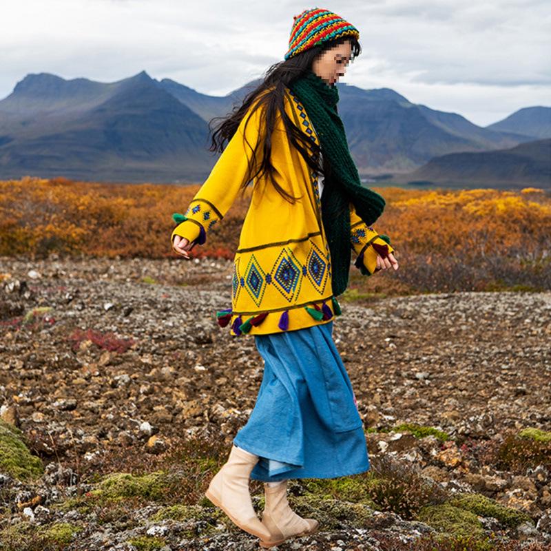 Women's Yellow Ethnic Tassel Knit Cardigan Coat