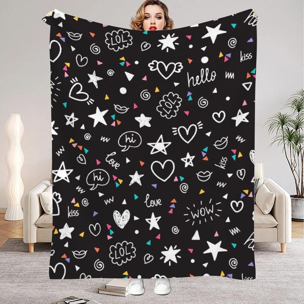 1Pc Digital Printed Pink Heart Star Style Flannel Blanket Mattress Cover Blanket for Family BedsSofasOfficesOutdoor Camping