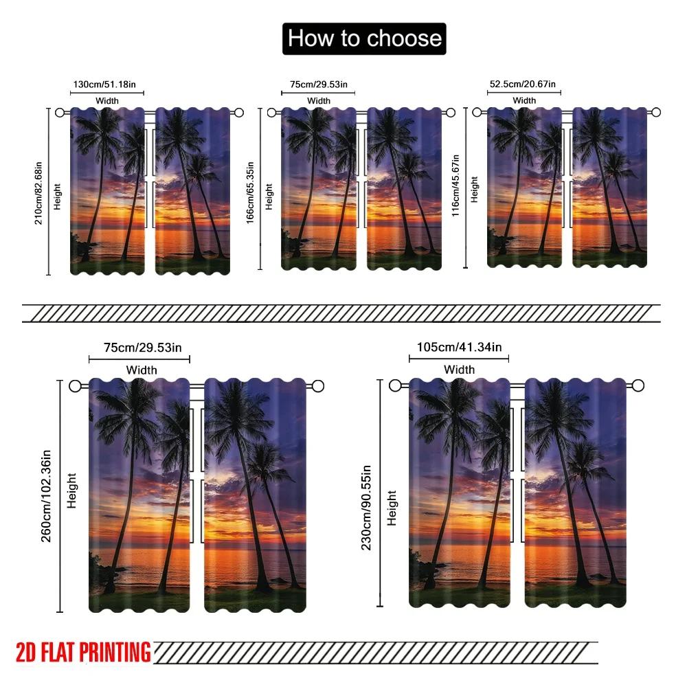 2pcs 2D flat printing Party Curtains Palm Trees Sunset Beach Polyester Fabric Without Electricity Seasonal Party & Holiday Decor