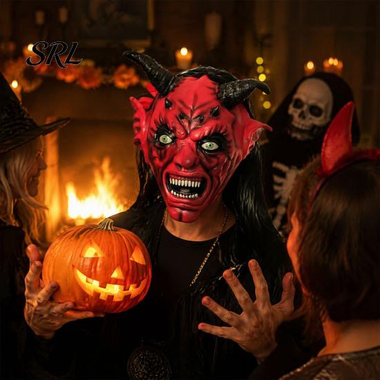 Horror Movie Character Headgear Halloween Satan Devil Mask, Realistic Full Head Latex Costume with Long Breathable Mask Horns And Fangs, Scary Cosplay