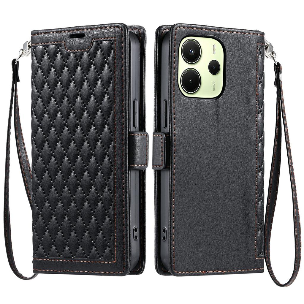 For Xiaomi Redmi Note 14 4G (163.25mm) Leather Case Rhombus Texture Wallet Stand Phone Cover with Wrist Strap