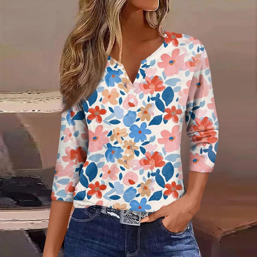 Женская модная повседневная футболка с коротким рукавом и V-образным вырезом, декоративными пуговицами и рукавом три четверти