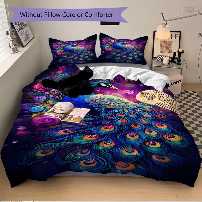 3pcs Peacock Feather Duvet Cover Set -Includes 1 Duvet Cover and 2 Pillowcases, No Quilt Core, All-Season Home Decor yy251111192