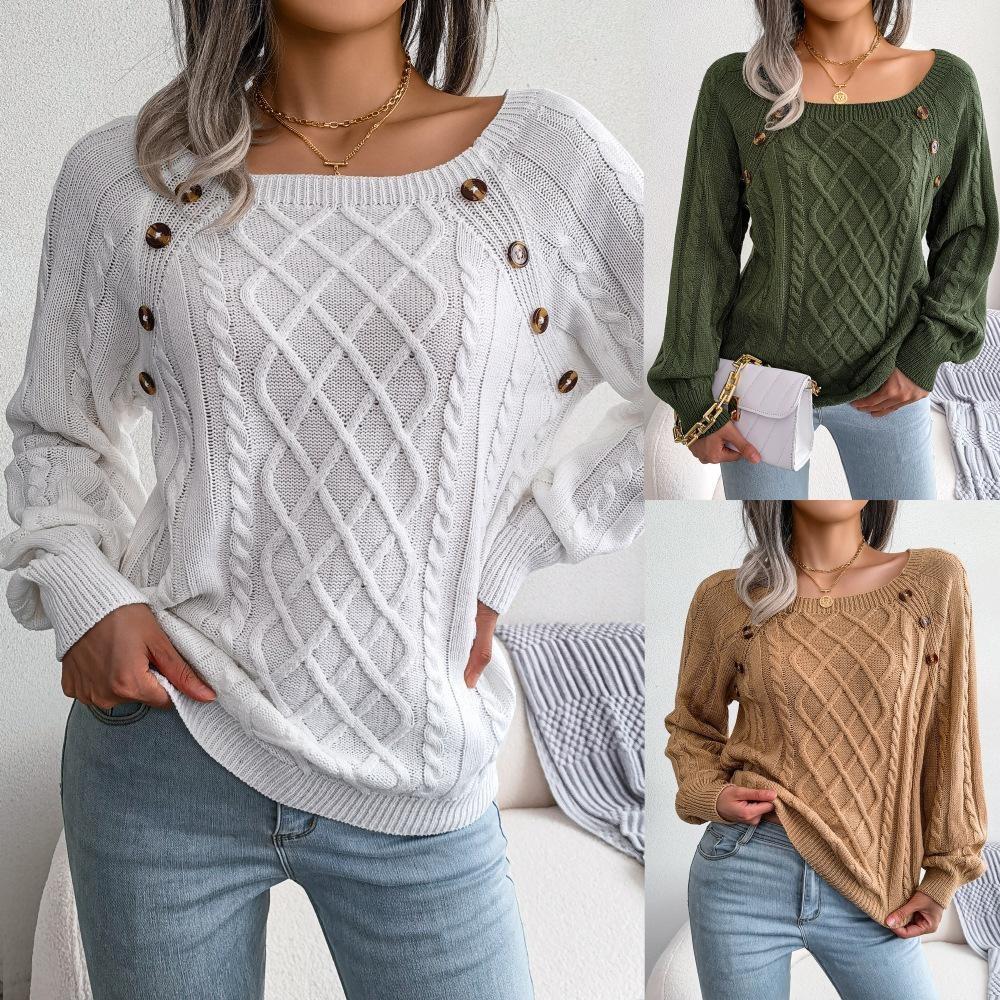 Women Warm Knitted Sweater Autumn Winter Casual Square Collar Studded Button Twist Knit Pullover Jumpers