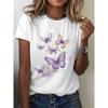 Women's Elegant Purple Butterfly Print T-shirt, Soft and Comfortable Round Neck Short Sleeved Top, Summer Casual Women's Clothing