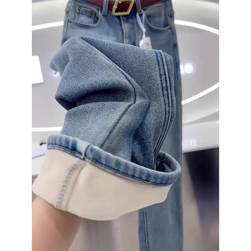 Джинсы больших размеров с высокой посадкой, на флисовой подкладке, с широкими штанинами для женщин - Осень/Зима 2024, стройнящий стиль