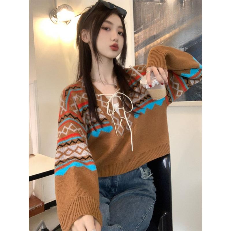 Винтажные свитера женские на шнуровке элегантные уютные с V-образным вырезом модные женские пуловеры в стиле BF трикотаж Ulzzang классический уличный стиль осень