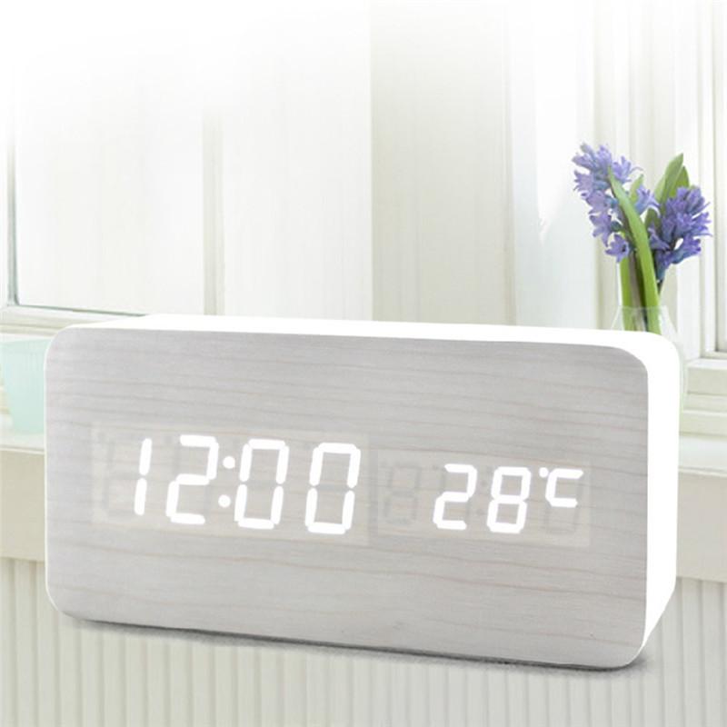 Creative Fashion Digital Alarm Clock with Indoor Temperature and Humidity Digital Wood Table Clock Wooden Desk Alarm Clock
