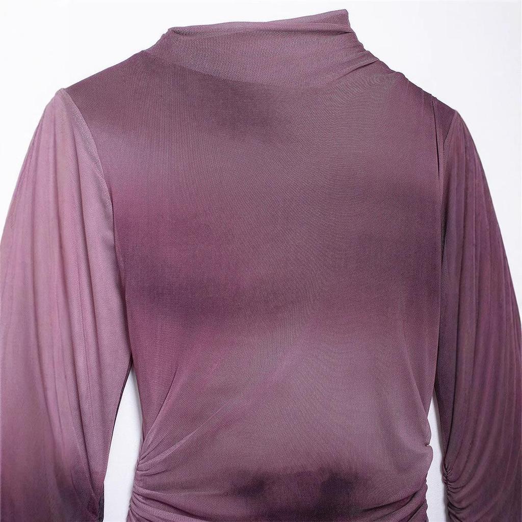 Европейско-американский тренд 2024: Женское облегающее платье из плиссированной шелковой сетки со стойкой и длинными рукавами, осенний стиль