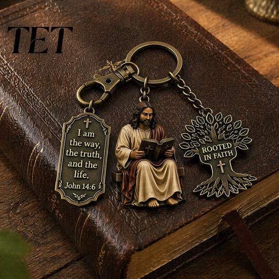 Tree of Life Pendant 3-In-1 Jesus Reading Keychain, Vintage Man Scripture Baptismal Keychain Car Key Ring Handbag Charm, Gift for Christian