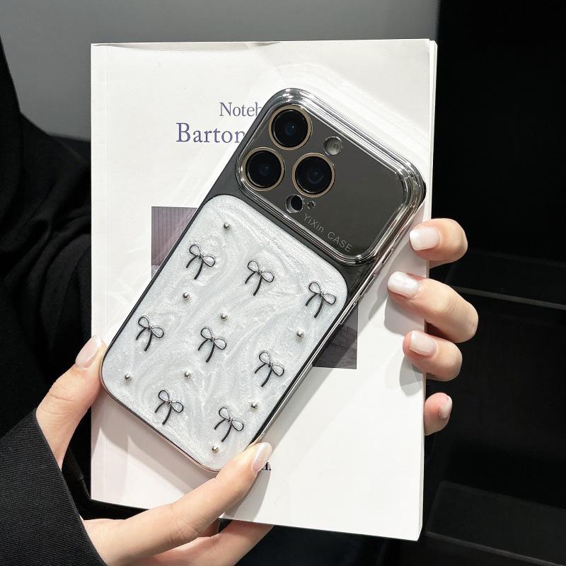 Электроplated Кремовый Капающий Клей Бант для Чехла Apple iPhone 13-17 Pro Max с Полным Покрытием