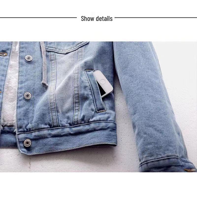 Женская короткая джинсовая куртка - Осень/Зима, Корейский стиль, Длинный рукав, Приталенная, С капюшоном.