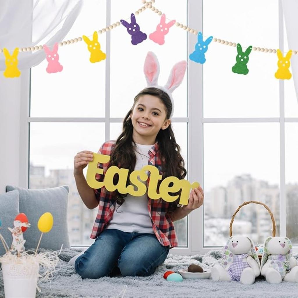 2 шт. пасхальная гирлянда с бисером в виде кролика с разноцветными подвесками в форме кролика, разделенными деревянными бусинами, для весеннего тематического празднования Пасхи