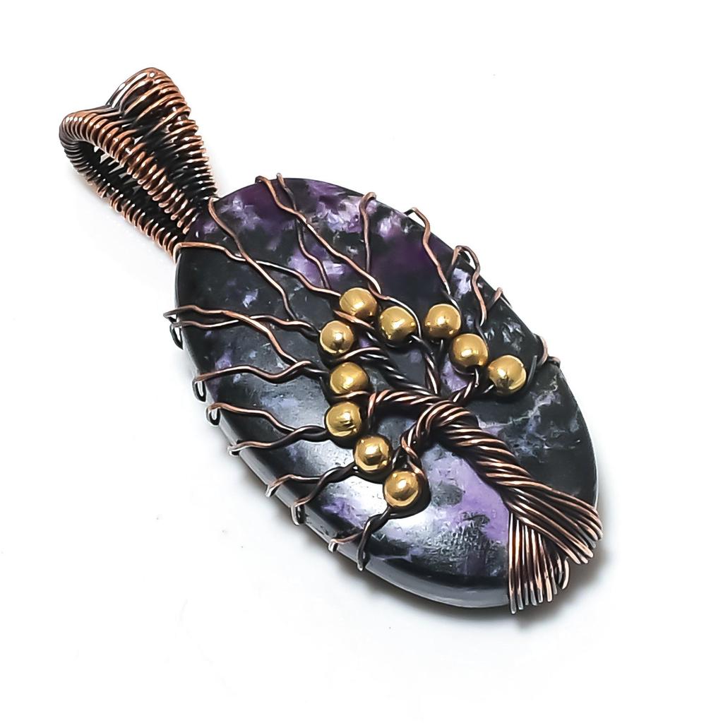 Charoite Handmade Gemstone Pendant, 999 Copper Wire Wrapped Pendant Antique Tree Of Life Jewelry, For Engagement Gift
