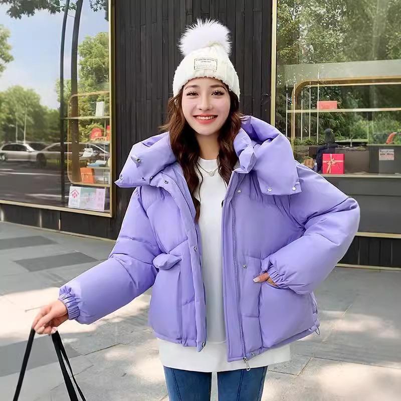 Women Short Medium Length Down Jacket Winter Warm Stand Collar Solid Color Casual Outerwear Coat