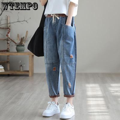 Свободные эластичные брюки-шаровары больших размеров для женщин, укороченные джинсы для женщин, лето