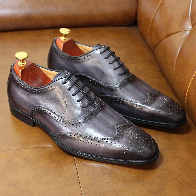 Fashion Big Sizes Handmade Mens Wingtip Oxford Shoes Genuine Calf Leather Traditional Brogue Dress Shoes Wedding Formal Shoes for Men