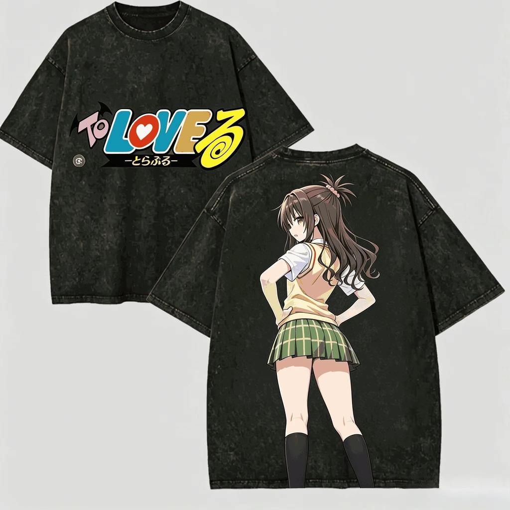 To LOVE-Ru Anime T-shirt Vintage Washed Y2K Aesthetic Unisex Oversized Short Sleeve Summer Cotton Graphic Tee Casual Harajuku Streetwear Tops